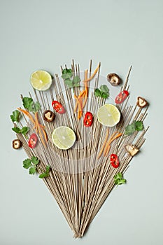 Asian food. Dried asian soba noodles with different ingredients, top view