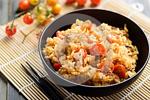 Asian food, Fried rice with minced pork and tomato