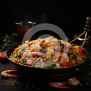 Asian food, fried rice with seafood AI Generative