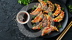 Asian food Gyoza or Jiaozi fried dumplings served with soy sauce