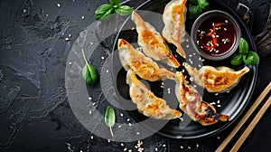 Asian food Gyoza or Jiaozi fried dumplings served with soy sauce