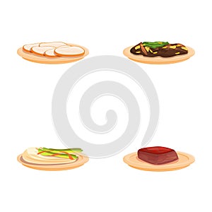 Asian food icons set cartoon vector. Classic spicy korean cuisine
