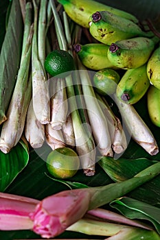 Asian food ingredient lemongrass, calamansi, tumeric leaves and bananas on a banana leaf background