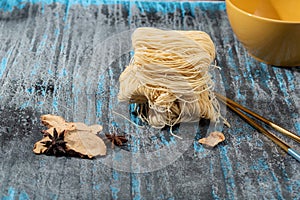 Asian food instant noodle on blue black table