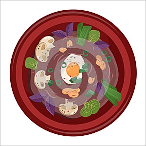 Asian food isolated. Ramen soup closeup. Oriental dish with egg, pepper chilli, onion, mushrooms. Vector flat illustration for