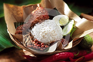 Asian food .Nasi lemak ayam rendang