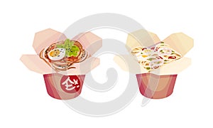 Asian food noodle open box set. Traditional chinese, japan and thai cuisine dishes vector illustration