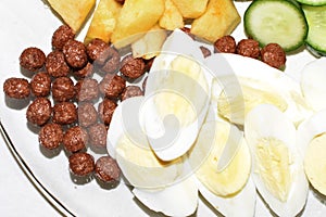 Asian Food Plate. Egg, Fruit, Vegetable, Whole Grain Cereal, Breakfast Serving