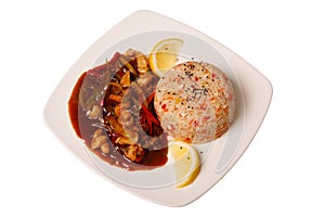 Asian food - roasted meat and vegetables and rice