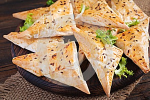 Asian food. Samsa samosas with chicken fillet and cheese