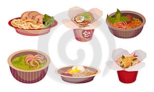 Asian Food with Spicy Noodle and Soup in Carton Boxes and Bowls Vector Set