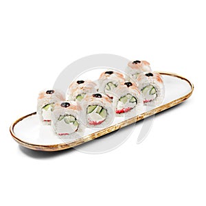 asian food - sushi roll with shrimp, cucumber and masago caviar.
