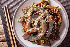Asian food: Teriyaki beef with green onions and sesame close-up