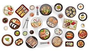 Asian food top view. Isolated cartoon different east cuisine meals. Noodle, soup and sushi, vegan and dish with meat