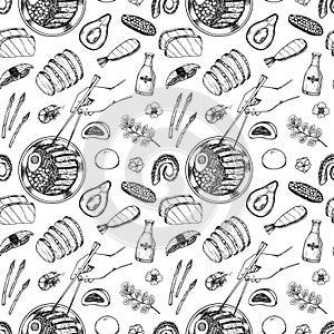 Asian food - vector seamless pattern. Hand drawn illustrations: ramen, sashimi, sushi, hand with chinese chopsticks, vegetables,