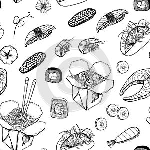 Asian food - vector seamless pattern. Hand drawn illustrations: wok, sashimi, sushi, hand with chinese chopsticks, vegetables,