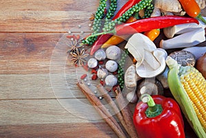 Asian food vegetable spice herb on wood table use for asian food