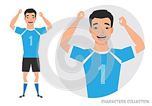 Asian football character. Soccer player. Emotion of joy and glee on the man face.