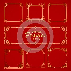 Asian frame set in vintage style on red background. Traditional chinese ornaments for your design. Vector golden