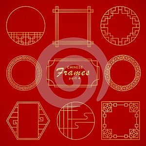 Asian frame set in vintage style on red background. Traditional chinese ornaments for your design. Vector golden