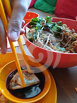 Asian fried noodles, dumplings in soy sauce. Table top view. Vegetables, fresh coriander. Vietnamese restaurant. Vibrant colors.
