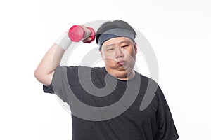 Asian funny fat man in sport outfits exercising with dumbbell and looking to camera isolated on white background.