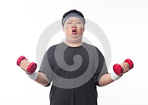 Asian Funny Fat Man in sport outfits exercising with dumbbells and looking to camera isolated on white background.