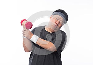 Asian Funny Fat Man in sport outfits exercising with dumbbells and looking to camera isolated on white background.