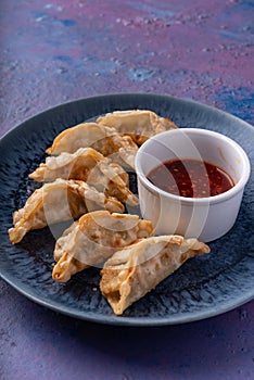 Asian fusion vegan meat-free dumplings with sweet hot sesame sauce