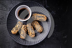 Asian fusion vegan meat-free seaweed and rice rolls with soy sauce