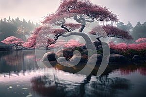 Asian garden with sakura trees and pond. Landscape with cherry blossom falling in lake with bokeh light. Springtime fine art