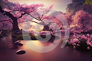 Asian garden with sakura trees and pond. Landscape with cherry blossom falling in lake with bokeh light. Springtime fine art