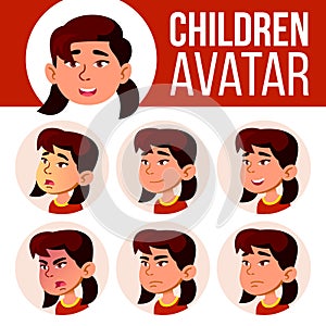 Asian Girl Avatar Set Kid Vector. Kindergarten. Face Emotions. Portrait, User, Child. Junior, Pre-school, Kiddy. Placard