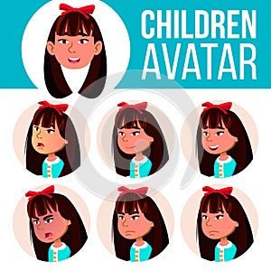 Asian Girl Avatar Set Kid Vector. Kindergarten. Face Emotions. Preschool, Baby, Expression. Birth, Life, Emotional