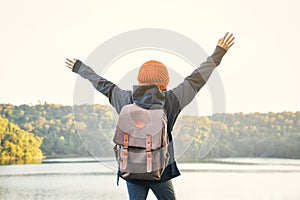 Asian girl backpack in nature winter season, Relax time on holiday concept travel