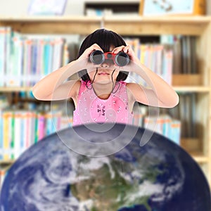 Asian girl with binoculars out of space,