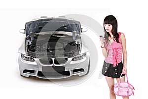 Asian girl with breakdown car. photo