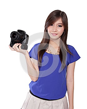 Asian girl brings a digital camera