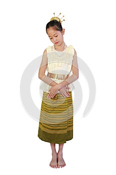 Asian girl child in traditional Thai costume dress with Showing a sad or regret posture isolated on white background. Image full