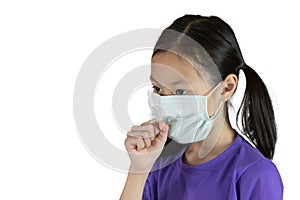 Asian girl cough with face mask protective isolated on white background