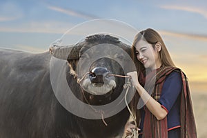 Asian girl in the countryside, playing with her Buffalo