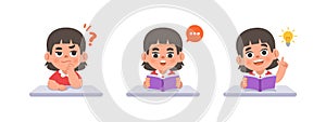 a Asian girl in doubt or have a question, reading the book, get an idea on the desk, study set. illustration cartoon character