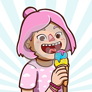 Asian girl eating ice cream cone