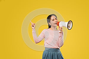 Asian girl with finger gesture pointing making announcement megaphone
