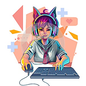 Asian girl gamer or streamer with cat ears headset sits in front of a computer
