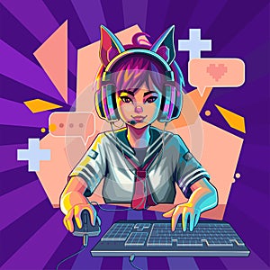 Asian girl gamer or streamer with cat ears headset sits in front of a computer