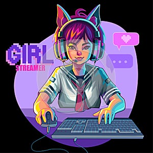 Asian girl gamer or streamer with cat ears headset sits in front of a computer