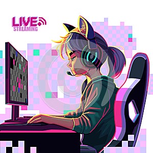 Asian girl gamer or streamer with a headset sits in front of a computer