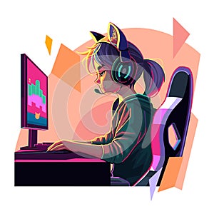 Asian girl gamer or streamer with a headset sits in front of a computer