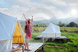 Asian girl happy in Countryside homestay